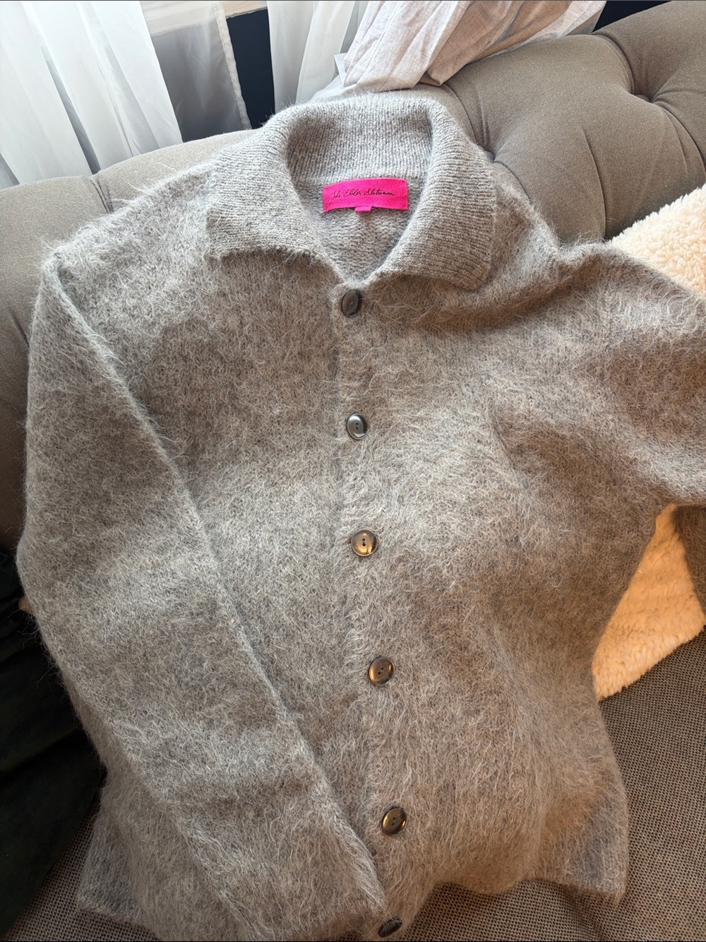 The Elder Statesman Gray Fuzzy Knit Sweater with Pink Label